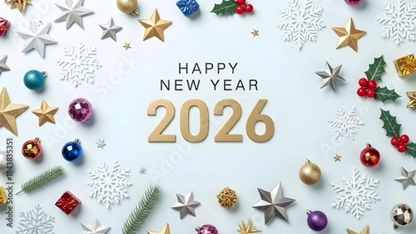 Obraz Happy new year 2026 golden text with festive christmas decorations on a light blue background