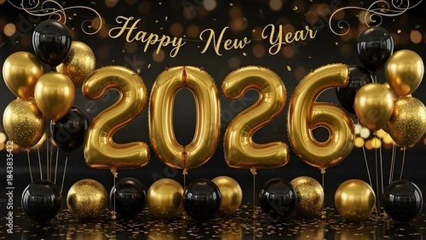 Obraz Happy new year 2026 celebration with golden foil balloons and black and gold party decorations