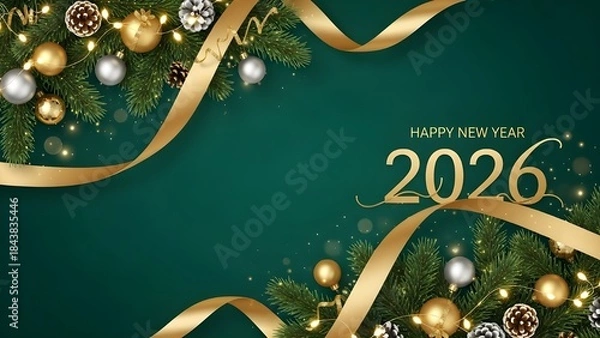 Obraz Happy new year 2026 festive background with christmas tree branches and golden ribbons