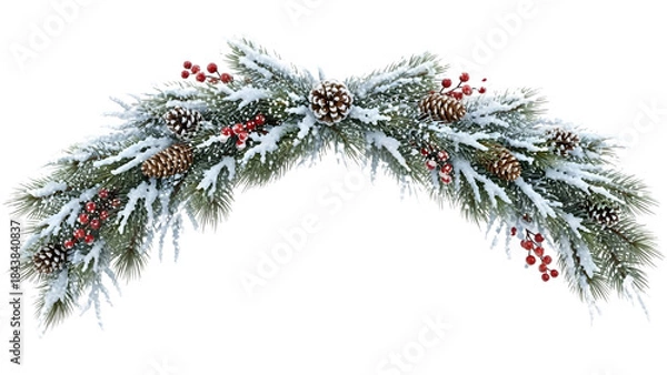 Fototapeta Frosted snowy Christmas garland swag with red berries, pine cones, fir branches and icicles, rustic natural evergreen decoration isolated on white background for winter holiday