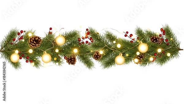 Fototapeta Classic traditional Christmas garland with glowing fairy lights, red berries, pine cones and branches, festive evergreen holiday decoration isolated on white background for Xmas