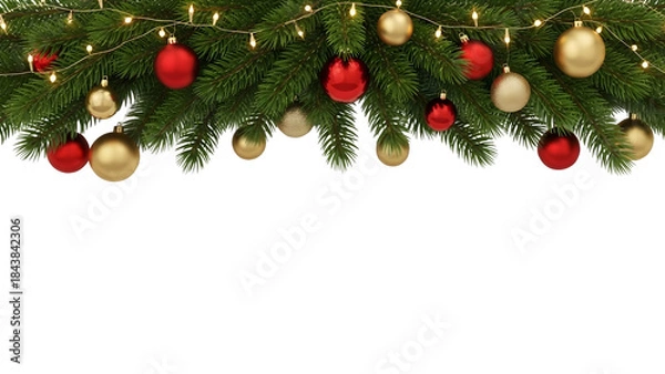 Fototapeta Christmas garland header with red and gold ornaments, baubles, fir branches, and glowing string lights, festive holiday decoration isolated