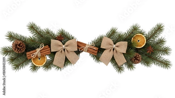 Fototapeta Rustic Christmas garland with burlap bows, jute, cinnamon sticks, dried oranges, pine cones, and fir branches, handmade natural festive holiday decoration isolated on white background
