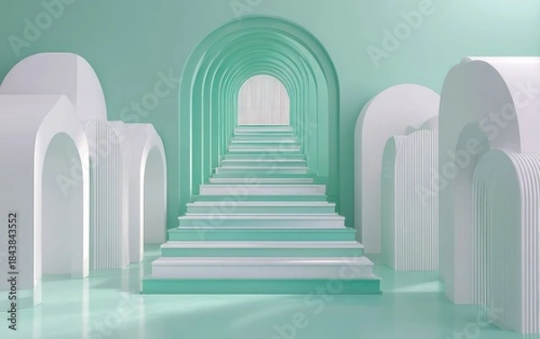 Obraz Abstract architectural design with arched pathways and staircase perspective