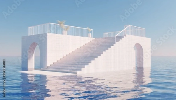 Obraz Abstract architectural structure rising from water against a gradient blue sky