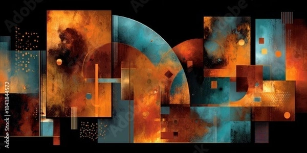 Obraz Abstract artwork featuring geometric shapes and vibrant colors on a dark background