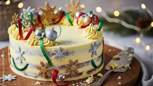 Fototapeta Festive Cake with Elegant Frosting and Ornaments