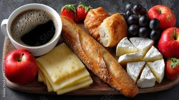 Fototapeta A classic French breakfast featuring coffee, pastries, fruits, and cheese on a wooden platter