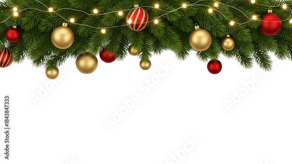 Fototapeta Christmas garland header with red and gold striped ornaments, baubles, fir branches, and glowing string lights, festive holiday decoration