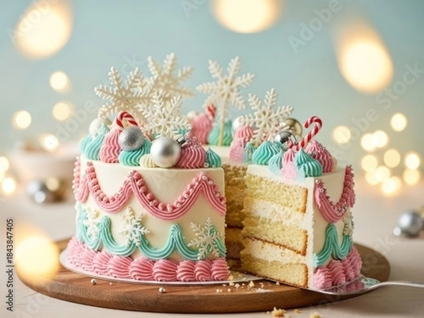 Fototapeta Elegant Frosted Festive Cake with Decorative Ornaments