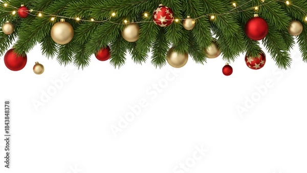 Fototapeta Christmas garland border with red and gold patterned ornaments, baubles, fir branches, and glowing string lights, festive holiday