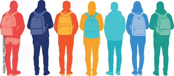 Fototapeta Colorful flat vector illustration of people wearing backpacks standing together from back view, modern student traveler characters isolated on white background