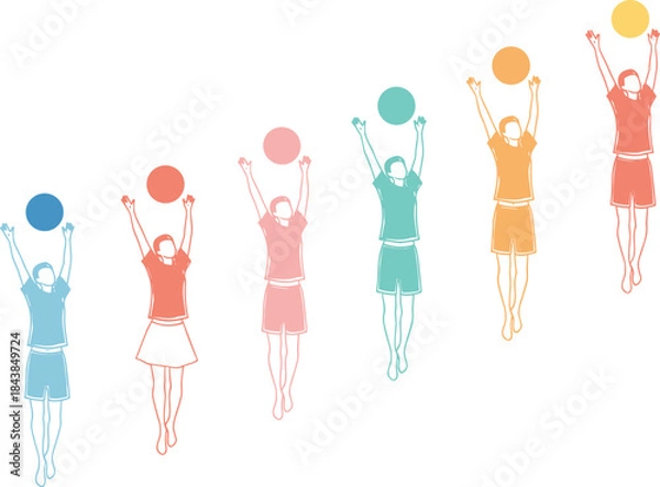 Fototapeta Colorful line art children jumping and reaching balls, playful active kids illustration, healthy lifestyle concept vector design on white background