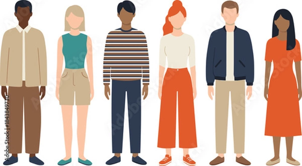 Fototapeta Flat diverse people characters illustration set featuring multicultural men and women standing together in modern casual fashion style isolated background
