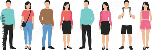 Fototapeta Flat Illustrations of Diverse People in Casual and Semi-Formal Outfits for Fashion, Character Design, and Group Representation Projects