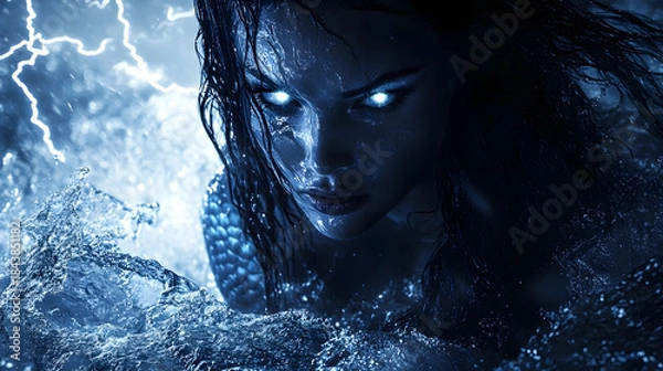 Fototapeta Elegant Mermaid Beauty Portrait Gazing at Camera Fiercely with Her Sharp Eye, Showing the Dark Side of Mermaid