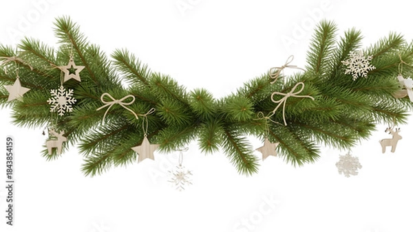 Fototapeta Christmas garland border with red and gold ornaments, pine cones, red ribbon bow and wooden snowflake, realistic pine branch winter frame isolated on white background