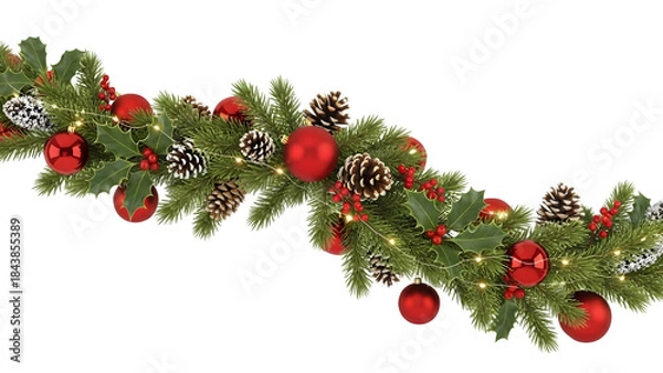 Fototapeta Christmas garland border with red and gold ornaments, pine cones, red ribbon bow, wooden snowflake, holly berries, and natural reindeer, realistic pine branch winter frame isolated on white background