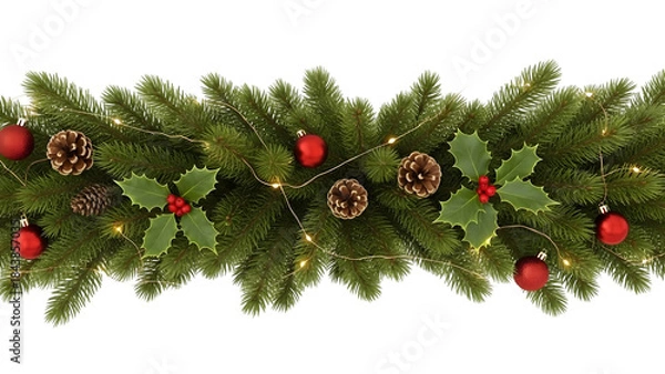 Fototapeta Christmas garland border with red and gold ornaments, pine cones, red ribbon bow, wooden snowflake and holly berries, realistic pine branch winter frame isolated on white background