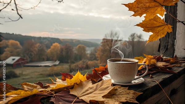 Obraz cup-of-hot-tea-with-steam-rising--autumn-leaves-a