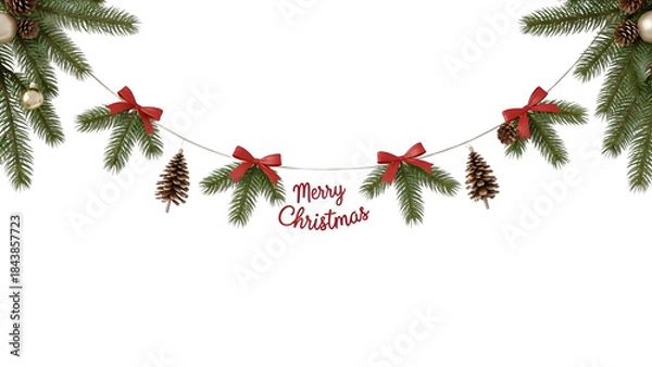 Fototapeta Christmas garland border with red and gold ornaments, pine cones, red ribbon bow and Merry Christmas text, realistic pine branch winter frame vector isolated on white background