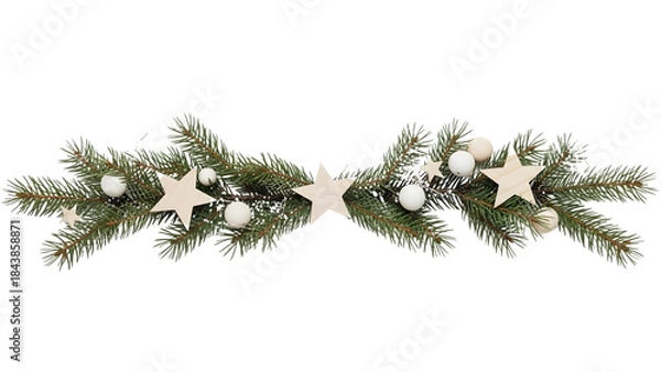 Fototapeta Scandinavian Christmas garland with wooden stars, white balls, fir branches, snow, and natural evergreen, modern handmade festive decoration isolated on white background for New Year