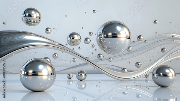 Obraz 3d-render-of-floating-metallic-spheres-and-liquid