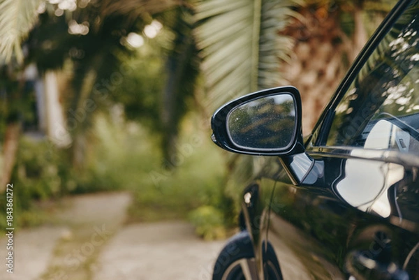Obraz Car side mirror of a black car on a shaded driveway with palm trees and reflection on wet glass, closeup exterior detail showing glossy paint and tropical outdoor setting