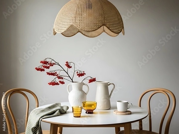 Fototapeta Woven rattan pendant light hanging over a dining table set with vases and berries