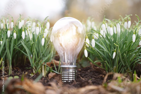 Fototapeta Light bulb shinning in snowdrop flower meadow, renewable solar energy, protect nature and planet earth, environment and ecology