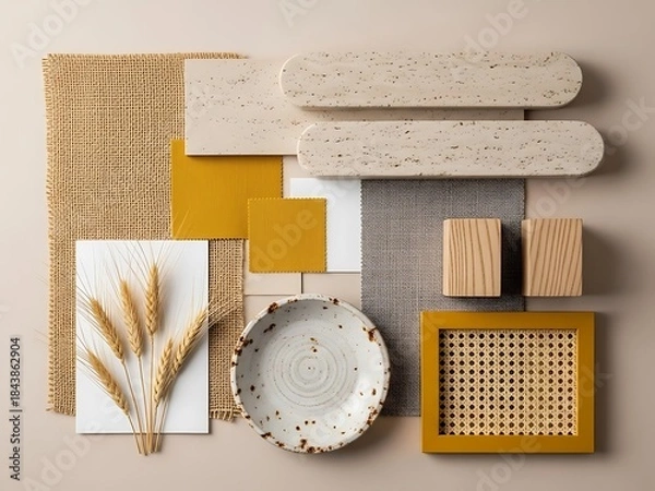 Fototapeta Bohemian interior design mood board with natural textures and mustard yellow accents