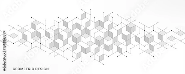 Obraz Abstract geometric 3D cube structure with connected lines and dots on white background