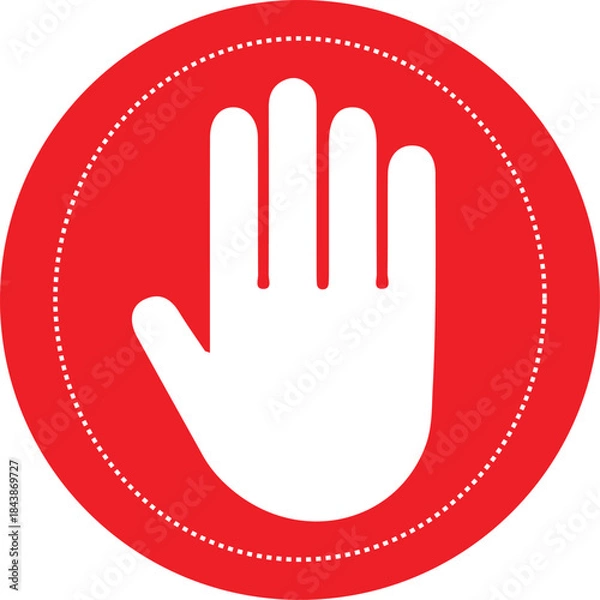 Fototapeta Red Stop Hand Icon with Dotted Circle Border – Prohibition and Warning Symbol for Safety, No Entry, Do Not Touch, Restricted Area Alert, Flat Vector Illustration Isolated.