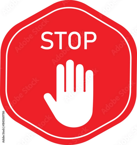 Fototapeta Red STOP Hand Icon in Hexagon Shape – Prohibition Warning Sign for Safety, No Entry, Restricted Access, Do Not Proceed Alert, Flat Vector Illustration Isolated on White.