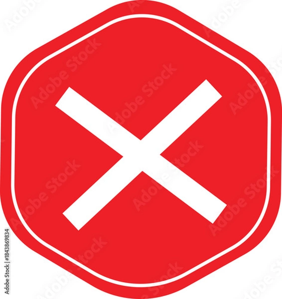 Fototapeta Red Cross X Icon in Hexagon Shape – Prohibition and Error Symbol for No Access, Cancel, Wrong Action, Warning Alert, Safety Sign, Flat Vector Illustration Isolated on White.