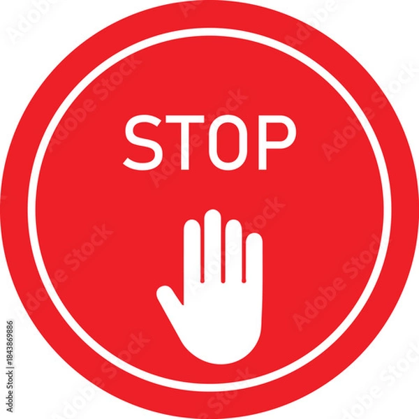 Fototapeta Red Stop Hand with STOP Text Icon in Circle – Prohibition Warning Sign for Safety, No Entry, Restricted Area, Do Not Proceed Alert, Flat Vector Illustration Isolated.
