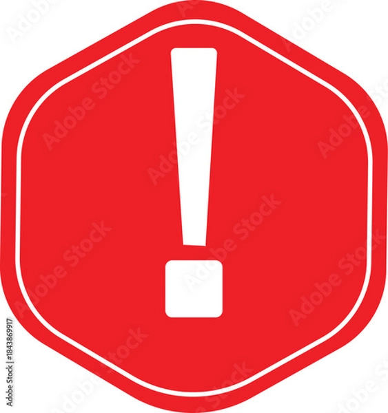 Fototapeta Red Exclamation Mark Icon in Hexagon Shape – Warning and Alert Symbol for Safety, Caution, Attention, Hazard Notification, Emergency Sign, Flat Vector Illustration Isolated on White.