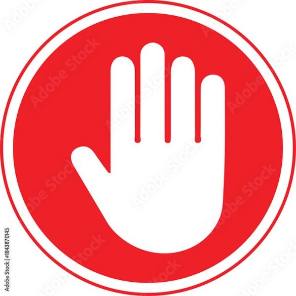 Fototapeta Red Stop Hand Symbol Inside Double Circle – Prohibition and Warning Sign for Safety, No Entry, Do Not Touch, Restricted Area Alert, Flat Vector Icon Isolated on White.