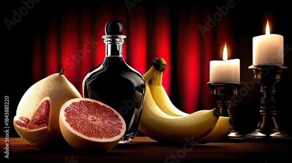 Obraz a dark glass bottle of black honey sits next to an open grapefruit and banana