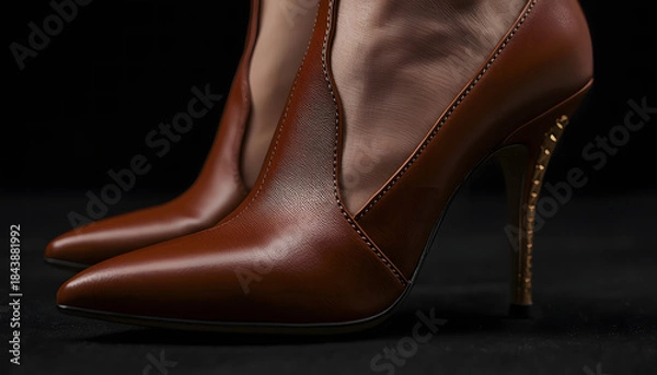 Fototapeta Elegant brown leather high heels with unique golden textured stiletto heels, showcasing sophisticated footwear design against a dark, minimalist background perfect for fashion