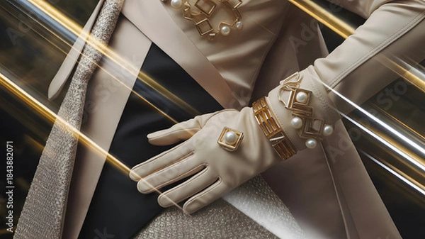Fototapeta Luxurious close-up of a woman's hand adorned with elegant pearl and gold accented gloves, complemented by a chic pearl and geometric gold necklace, set against a stylish fashion backdrop