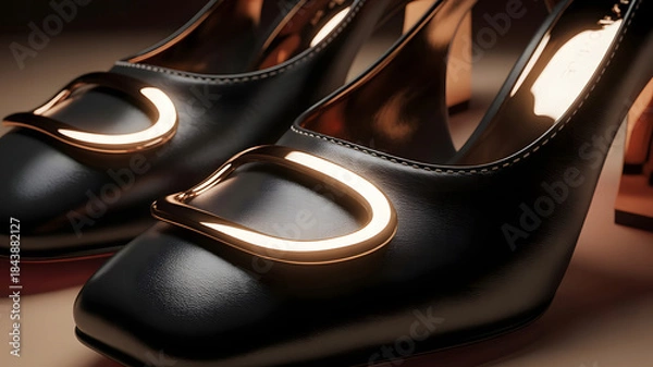Fototapeta Pair of luxurious black leather high heels with elegant golden buckle detail and sleek square toes, perfectly illuminated against a warm, soft-focus background highlighting refined craftsmanship