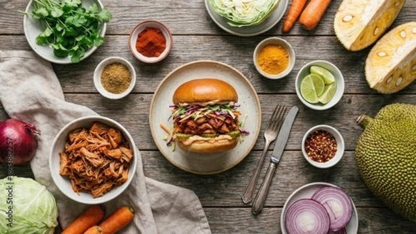 Obraz Gourmet sandwich preparation on rustic wooden table