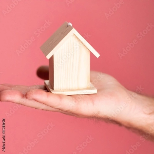 Fototapeta The image shows a house icon placed in someone's hand