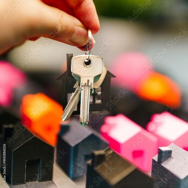 Fototapeta The picture shows a house icon and a key in someone's hand