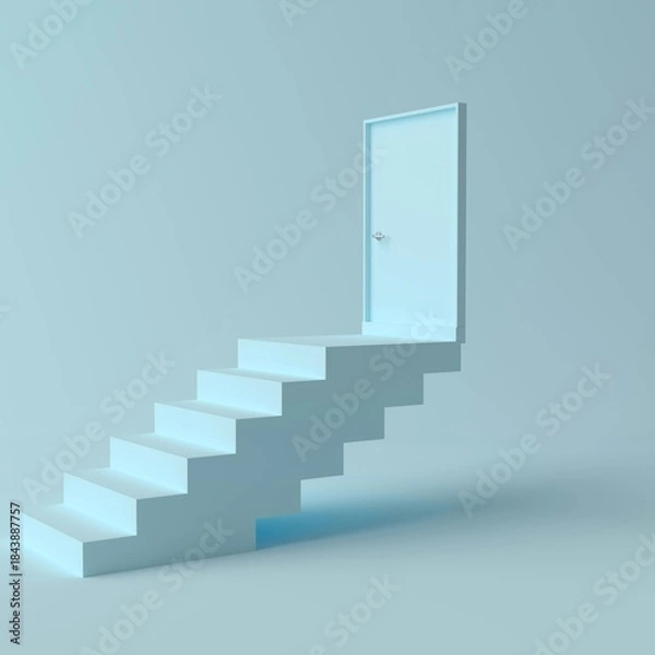 Fototapeta The picture shows a 3D rendering of a staircase leading to a door