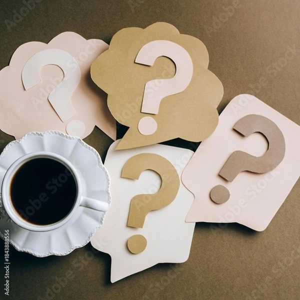 Fototapeta The picture shows a cup of coffee and a question mark icon