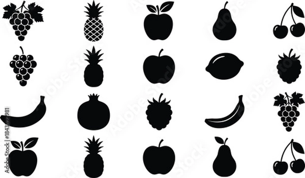 Obraz Grapes, Pineapple, Apple, Pear, Banana, Pomegranate, Raspberry, Lemon, and Cherry Black Icons