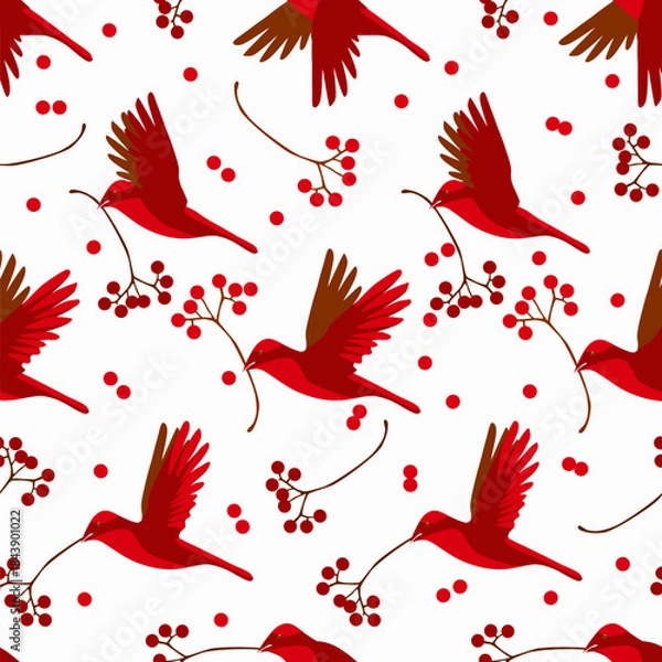 Obraz Red winter birds. Seamless background for fabrics, textiles, packaging and wallpaper. Vector pattern.	