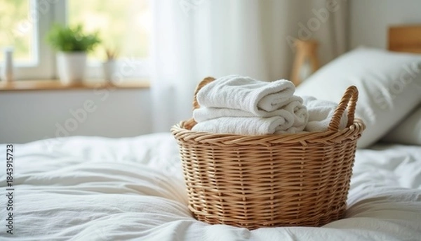 Fototapeta Fresh towels in a wicker basket on a bed in a bright bedroom  